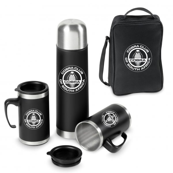 Black flask with cups and bag